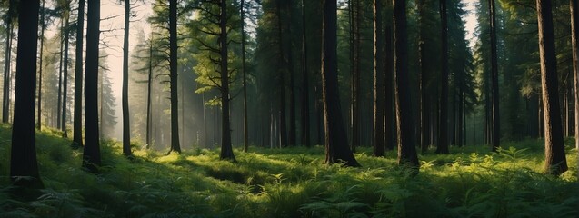 Panoramic summer forest landscape background from Generative AI - obrazy, fototapety, plakaty