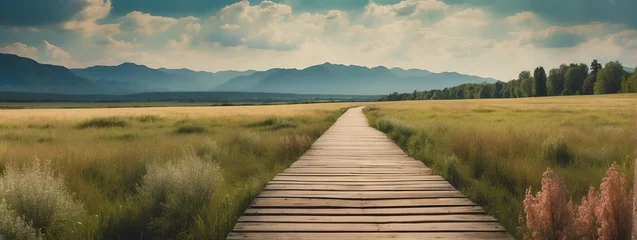 Rideaux tamisants Descente vers la plage Panoramic summer nature landscape with wooden path background from Generative AI