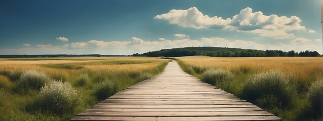Panoramic summer nature landscape with wooden path background from Generative AI