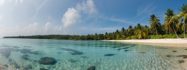 Panoramic view of a beach paradise island for summer holiday vacation from Generative AI