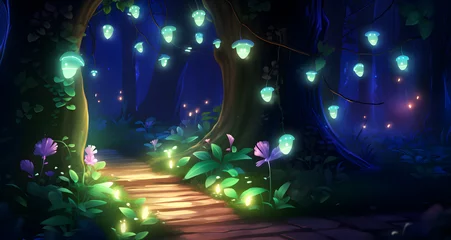 Poster the pathway with fireflies in the forest at night © Ella