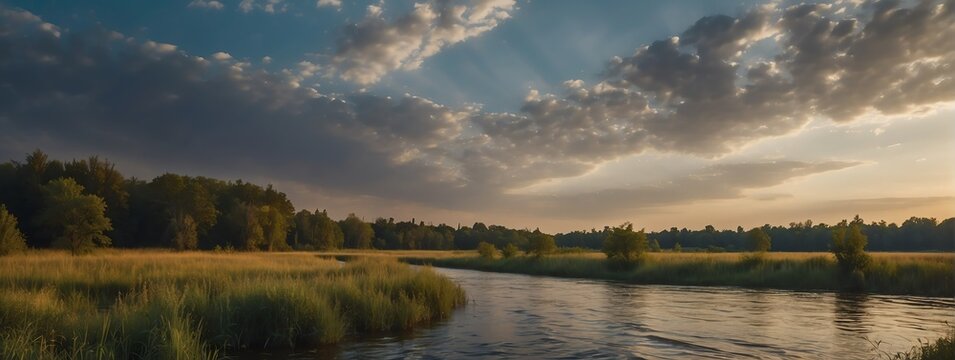 Panoramic lake banks on forest landscape background at sunset from Generative AI