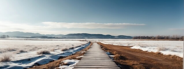 Panoramic winter nature landscape with wooden path background from Generative AI - obrazy, fototapety, plakaty