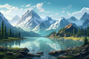 Mountains lake art sunset. Light backdrop. Generate Ai - obrazy, fototapety, plakaty