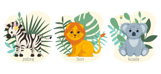 Cute jungle animals set. Stickers with zebra, lion and koala surrounded by tropical leaves. Design elements for printing on paper or fabric. Cartoon flat vector collection isolated on white background