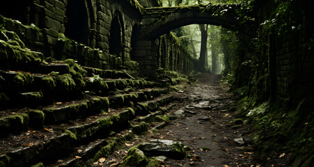 the path has moss covering rocks and stairs - obrazy, fototapety, plakaty