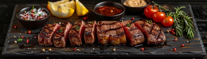 Grill masters selection with premium steaks and seafood - obrazy, fototapety, plakaty