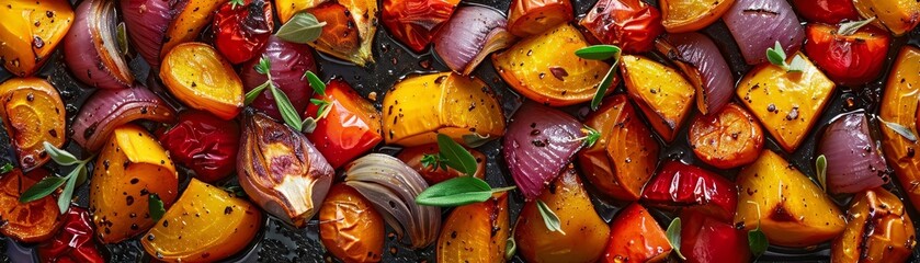 Roasted autumn vegetables with a drizzle of infused oils rustic chic - obrazy, fototapety, plakaty