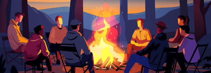 hikers sitting near campfire hiking camping concept people spend time at night summer camp in forest friends company on vacation - obrazy, fototapety, plakaty