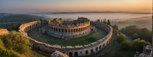 Wide angle panoramic view of an ancient roman castle with columns at foggy dawn from Generative AI