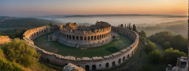 Fotobehang Wide angle panoramic view of an ancient roman castle with columns at foggy dawn from Generative AI © Arceli