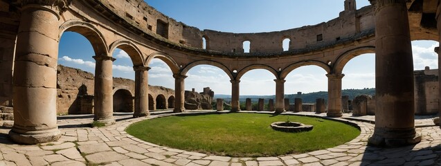 Wide angle panoramic view of an ancient roman castle with columns from Generative AI