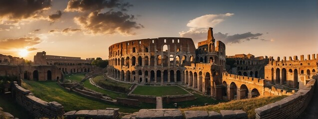 Wide angle panoramic view of an ancient roman castle with columns at sunset from Generative AI - obrazy, fototapety, plakaty