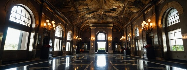 Wide angle panoramic view of castle theme interior of a luxury hotel lobby hall passage way from Generative AI