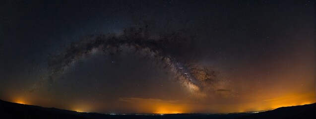 Fototapeta premium Wide angle panoramic view of dark orange sky at night full of bright stars from Generative AI