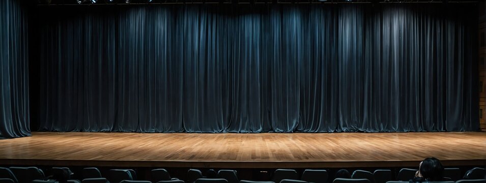 Wide angle panoramic view of black curtains on school university stage for awarding ceremony from Generative AI