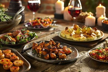 Assorted tapas on a rustic table setting with wine