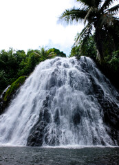 Naklejka premium Scenic view of tourist attraction of Kepirohi Waterfall with beautiful cascading water on the tropical island of Pohnpei in Federated States of Micronesia