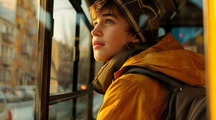 A young boy is looking out the window in the school bus, Generative AI