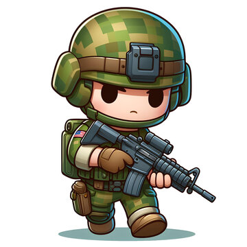 adorable soldier character with gun. cartoon caricature