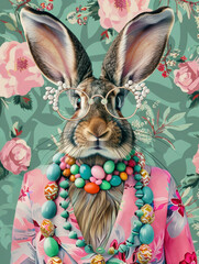 Rabbit in eyeglasses and festive egg jewelry with vintage floral wallpaper. Playful whimsical Easter card concept - 745495103