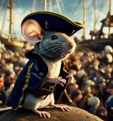 A mouse dressed as a pirate speaking to a crowd 
