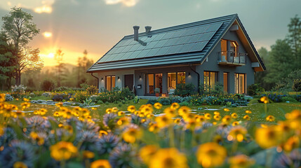 photo of a modern village house with solar panels on its roof