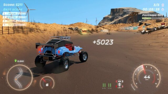 Racing the buggy car in the new mobile game. Driving the blue car on the desert map in mobile racing game. Winning the difficult challenge of the mobile racing game. Drift. Score. Victory screen.