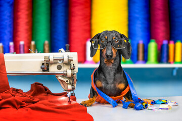 Dog tailor in glasses with measuring tape around his neck sits at sewing machine in atelier with bright skeins of thread, sewing clothes Fashion designer designs patterns,Tailoring, garment production