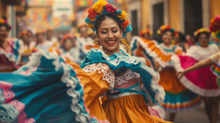 Smiling woman dancing in traditional folklore dress during the 5 de Mayo parade - obrazy, fototapety, plakaty