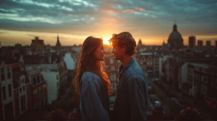 Couple Sharing a Romantic Moment at Sunset with City Skyline Background