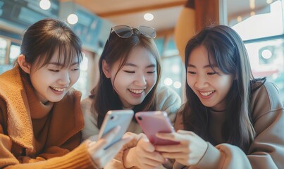 smiling young women friends in cafe. mobile app for social media, online post or blog with gossip news. Customers, talk with phone in coffee shop on website to search or communication. generative AI