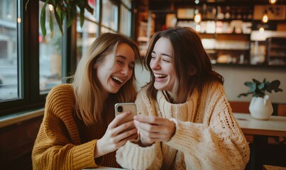 smiling young women friends in cafe. mobile app for social media, online post or blog with gossip news. Customers, talk with phone in coffee shop on website to search or communication. generative AI