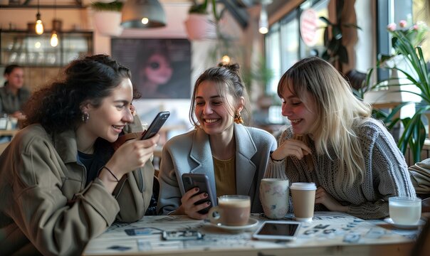 smiling young women friends in cafe. mobile app for social media, online post or blog with gossip news. Customers, talk with phone in coffee shop on website to search or communication. generative AI