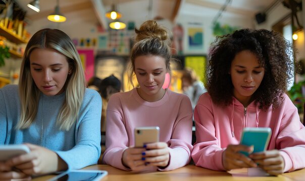 smiling young women friends in cafe. mobile app for social media, online post or blog with gossip news. Customers, talk with phone in coffee shop on website to search or communication. generative AI