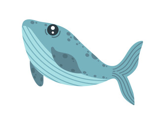 Blue whale vector illustration. Cute animal dives, swims in the ocean. A huge spotted fish with a striped belly. Marine mammal, large funny pet. Hand drawn character, flat cartoon clipart for kids