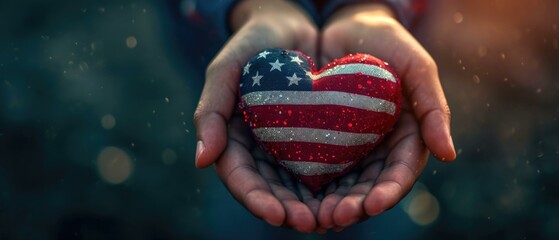 Hands holding an american flag heart. Generative AI.