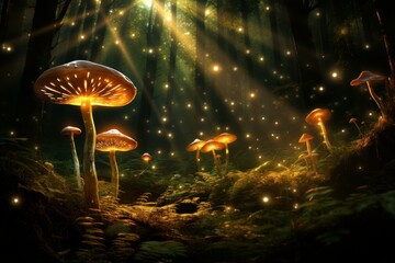 Mushroom glowing forest. Fantasy night. Generate Ai
