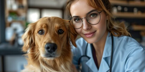 A woman in a vet lab coat is holding a dog. Generative AI.