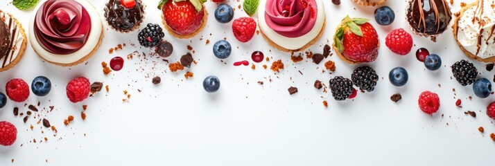 Various desserts on white background with copy space. Generative AI.