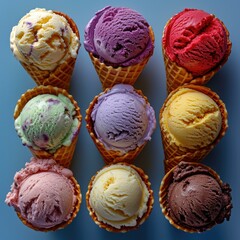 A group of six ice cream cones with different colors. Generative AI.