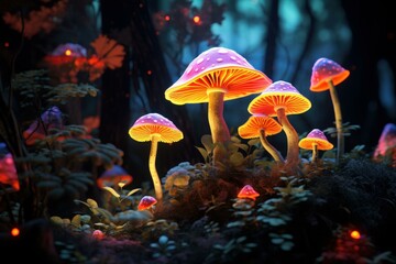 Fototapeta na wymiar Neon light mushroom. Magic fantasy plant. Generate Ai