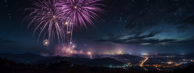 Panoramic view of a night sky with purple fireworks display from Generative AI