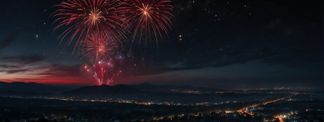 Panoramic view of a night sky with red fireworks display from Generative AI