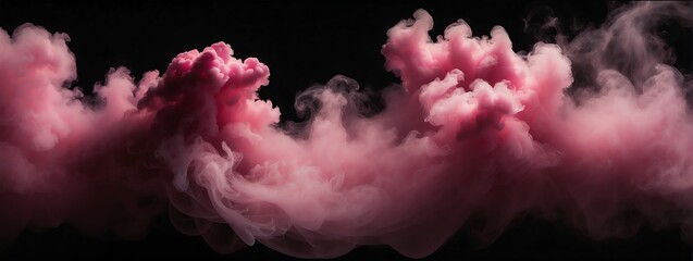 Panoramic view of a pink abstract fog smoke on plain black background from Generative AI
