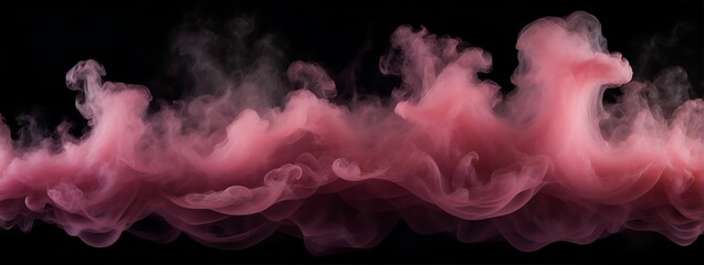 Panoramic view of a pink abstract fog smoke on plain black background from Generative AI