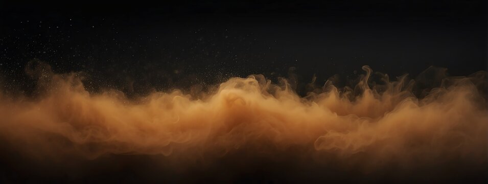 Panoramic view of a orange abstract fog mist on plain black background from Generative AI