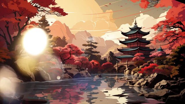 anime cartoon illustration style. poster traditional gardens historic temples. seamless looping overlay 4k virtual video animation background