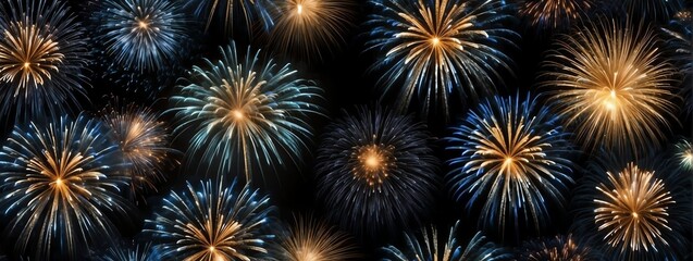 Fototapeta premium Panoramic view of blue fireworks display on plain black background from Generative AI
