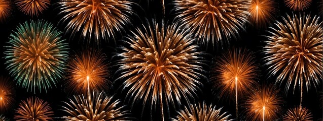 Panoramic view of orange fireworks display on plain black background from Generative AI